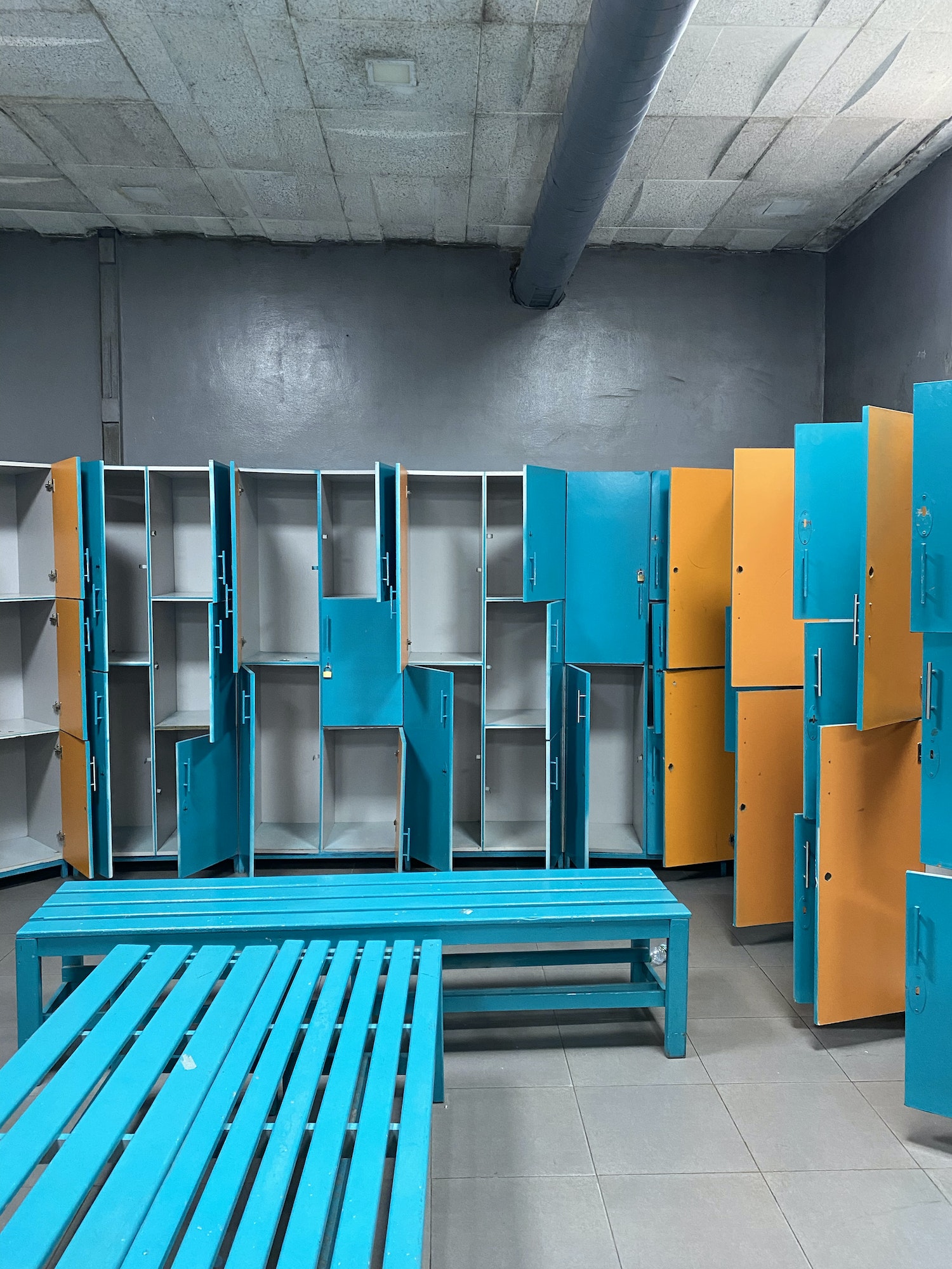 A lot of open closets doors in the gym