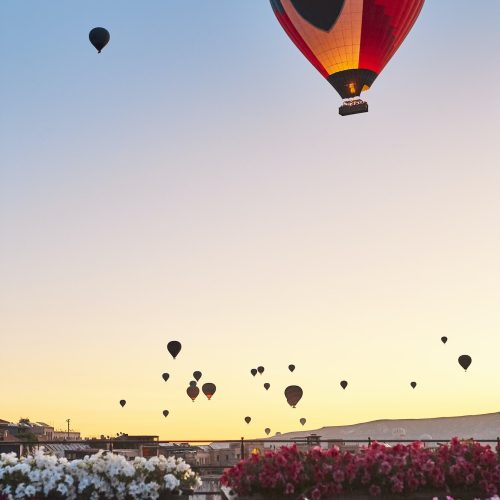 Spectacular balloons flying at sunrise in Goreme. Turism Cappadocia, Turkey